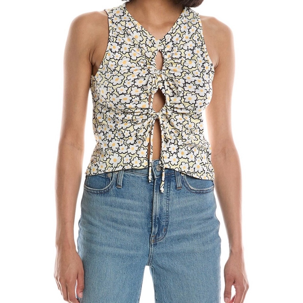 Cream Floral Tie-Front Camisole with Yellow Accents by City Sleek
